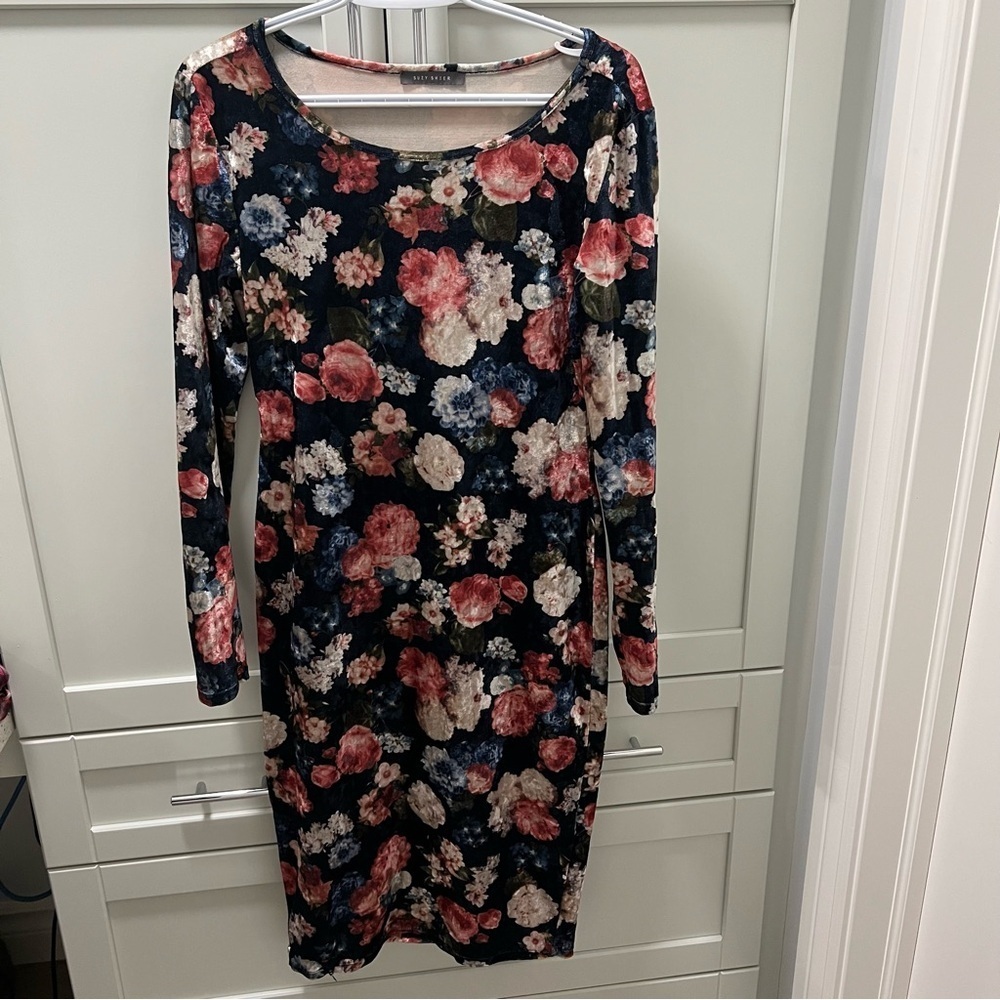 Y2K SUZY SHIER Crushed Velvet Floral Fitted Dress Vintage Womens Size Large